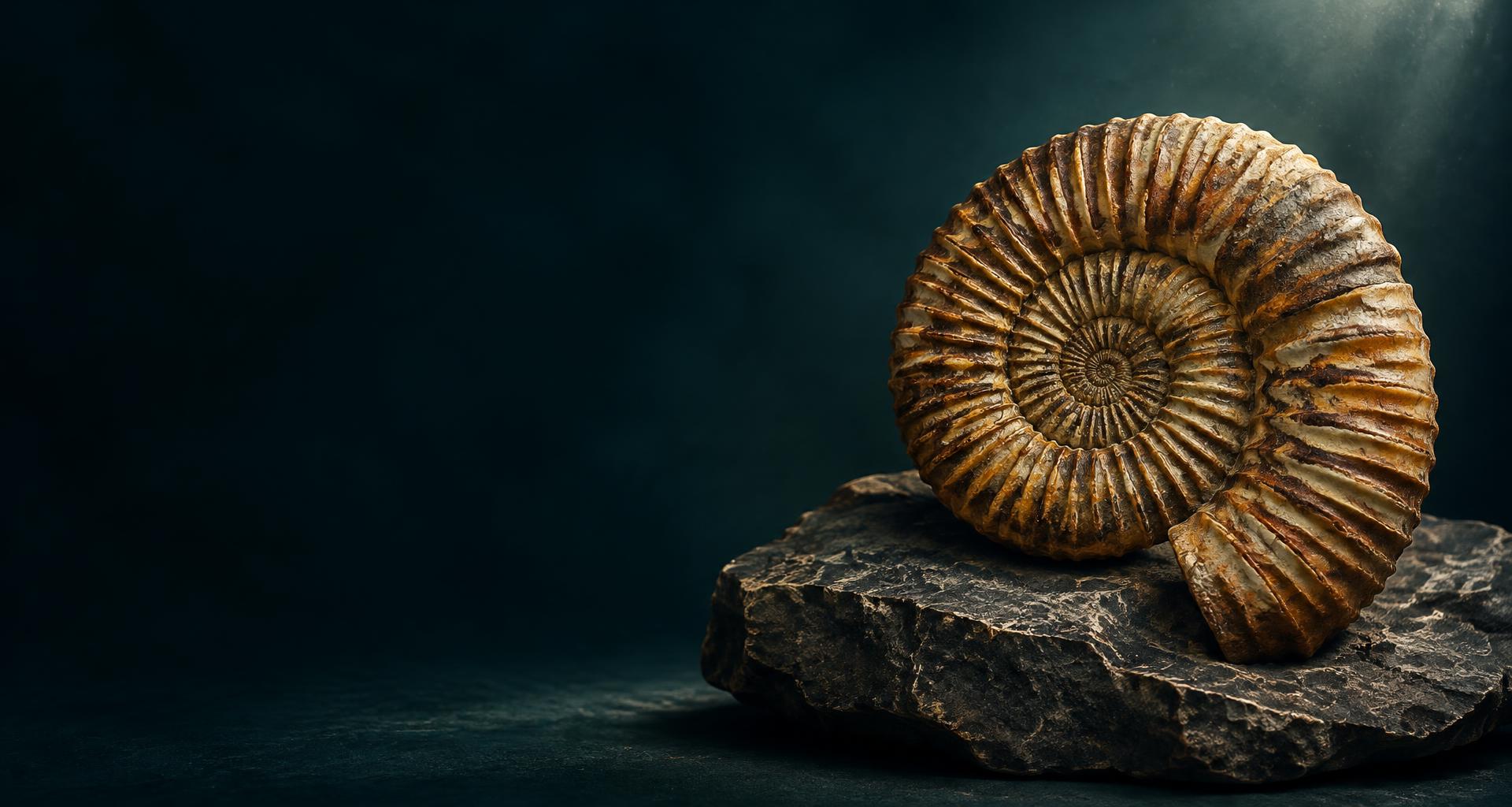 Representative golden ammonite fossil on a stone surface